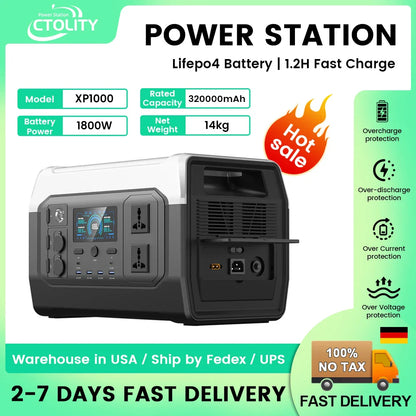 Ctolity 1800W Camping Portable Power Station 200W Solar Panel 1024Wh Lifepo4 Solar Generator Battery  Emergency Supply Backup