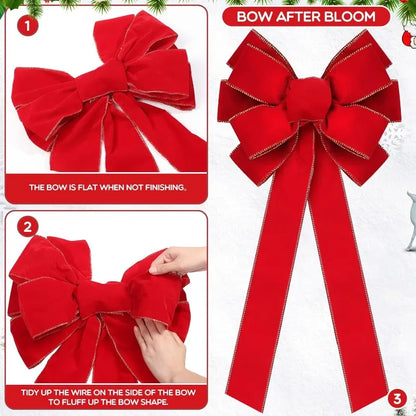 Ribbon Velvet Wreath Bows with Gold Edge Christmas Handmade Tree Topper