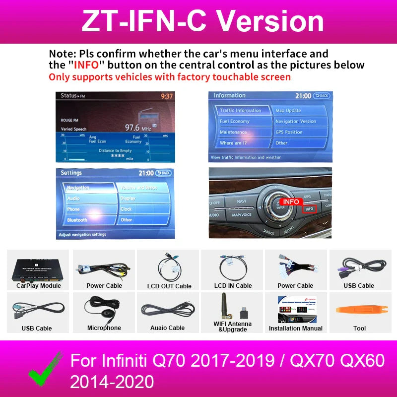 Wireless CarPlay Android Auto for Infiniti QX60 QX70 Q70 Mirror AftermarketCamera CarPlay Upgrade Retrofit Multimedia Navigation