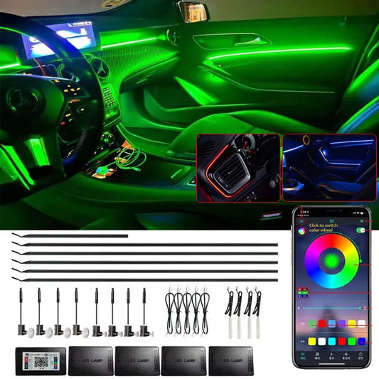 18 in 1 Car Ambient Light RGB 64 Color Neon Interior Acrylic Guide Fiber Strip Decoration Atmosphere Lights Kit With App Control
