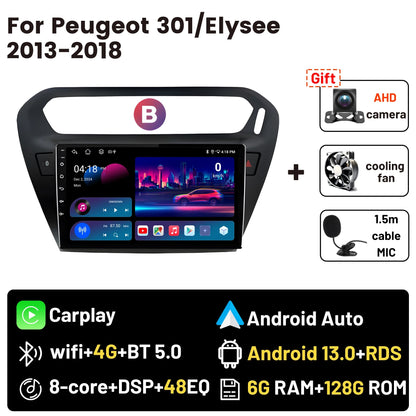 Wireless CarPlay Android Auto Car Bluetooth Radio For Peugeot 301 Citroen Elysee 2013-2018 2Din Android 14 DSP GPS FM Autoradio