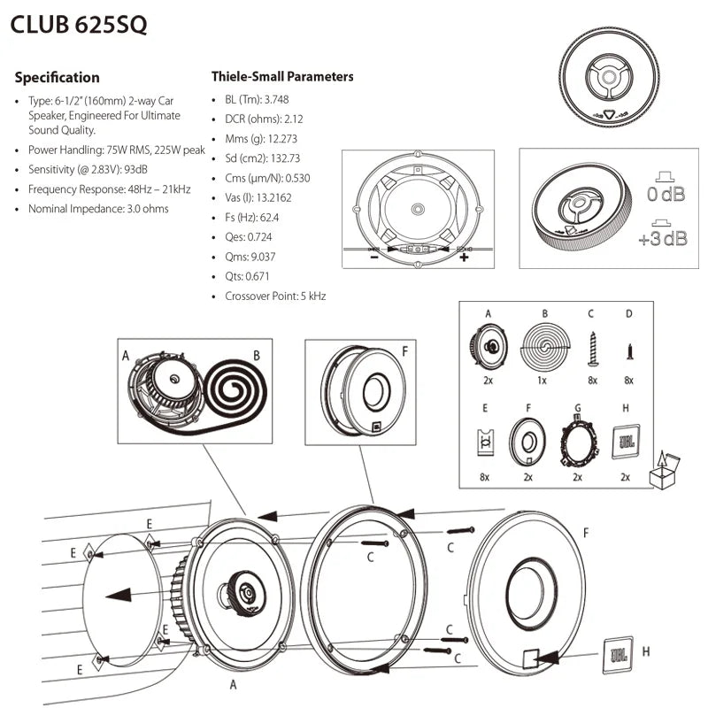 JBL Car Audio Speaker 6.5-inch CLUB 625SQ Coaxial Speaker Treble Subwoofer Full Band Stereo Surround Speaker