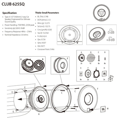 JBL Car Audio Speaker 6.5-inch CLUB 625SQ Coaxial Speaker Treble Subwoofer Full Band Stereo Surround Speaker