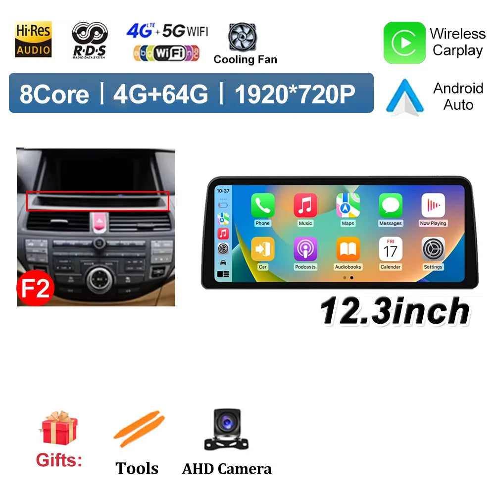 12.3 inch Android 14 for Honda Accord 8 2008 2009 - 2013 Car Multimedia Radio Player Wireless Carplay Monitor GPS Navigation BT