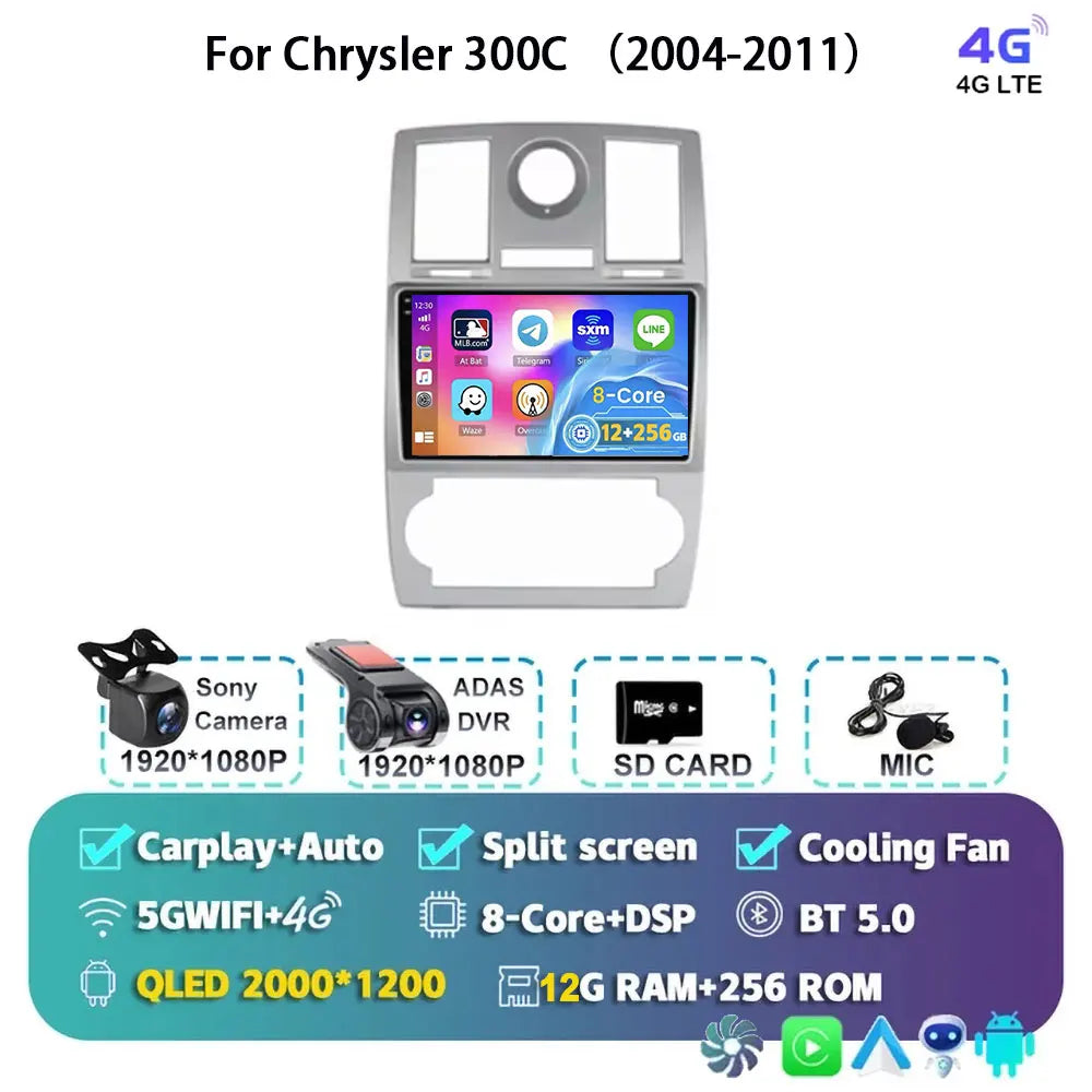 Android 15 For Chrysler 300C 2004-2011 Auto Carplay Car Radio Navigation GPS Video Multimedia Player 360 Camera 4G WIFI DSP