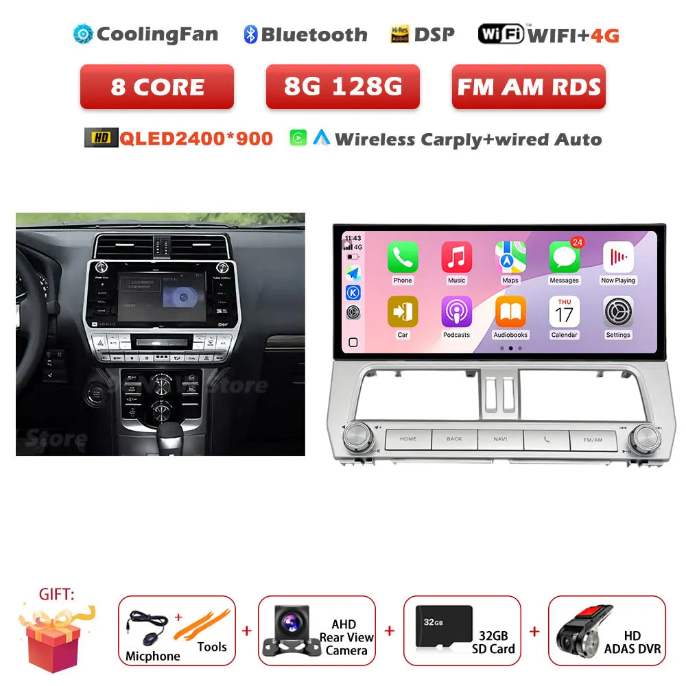 12.3" Android 14 Auto Car Radio Multimedia Player For Toyota Land Cruiser Prado 150 2018-2023 Navigation GPS Carplay Head Unit