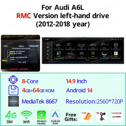 14.9" Android14 Car Radio For Audi A6L 2012-2018 Car Multimedia Player Wireless Carplay Android Auto Smart car system Navigation