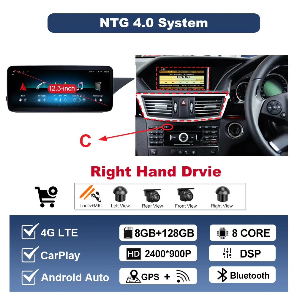Wireless Carplay Android 14 for Mercedes Benz E Class W212 2009 - 2015 Car Radio Player Video DSP Stereo Touch Screen 4G WiFi BT