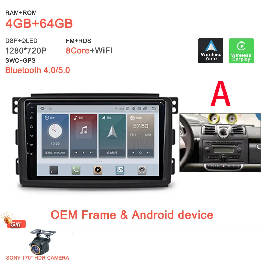 Android 14 Car For Mercedes Benz Smart Fortwo 451 2005 - 2015 Stereo Head Unit GPS Navigation Multimedia Autoradio Dash Cam DVD