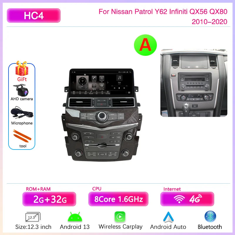 12.3 " Android13 Car Multimedia Video Player For Nissan Patrol Y62 Infiniti QX56 QX80 2010-2020 GPS Navigation CarPlay Auto 4G