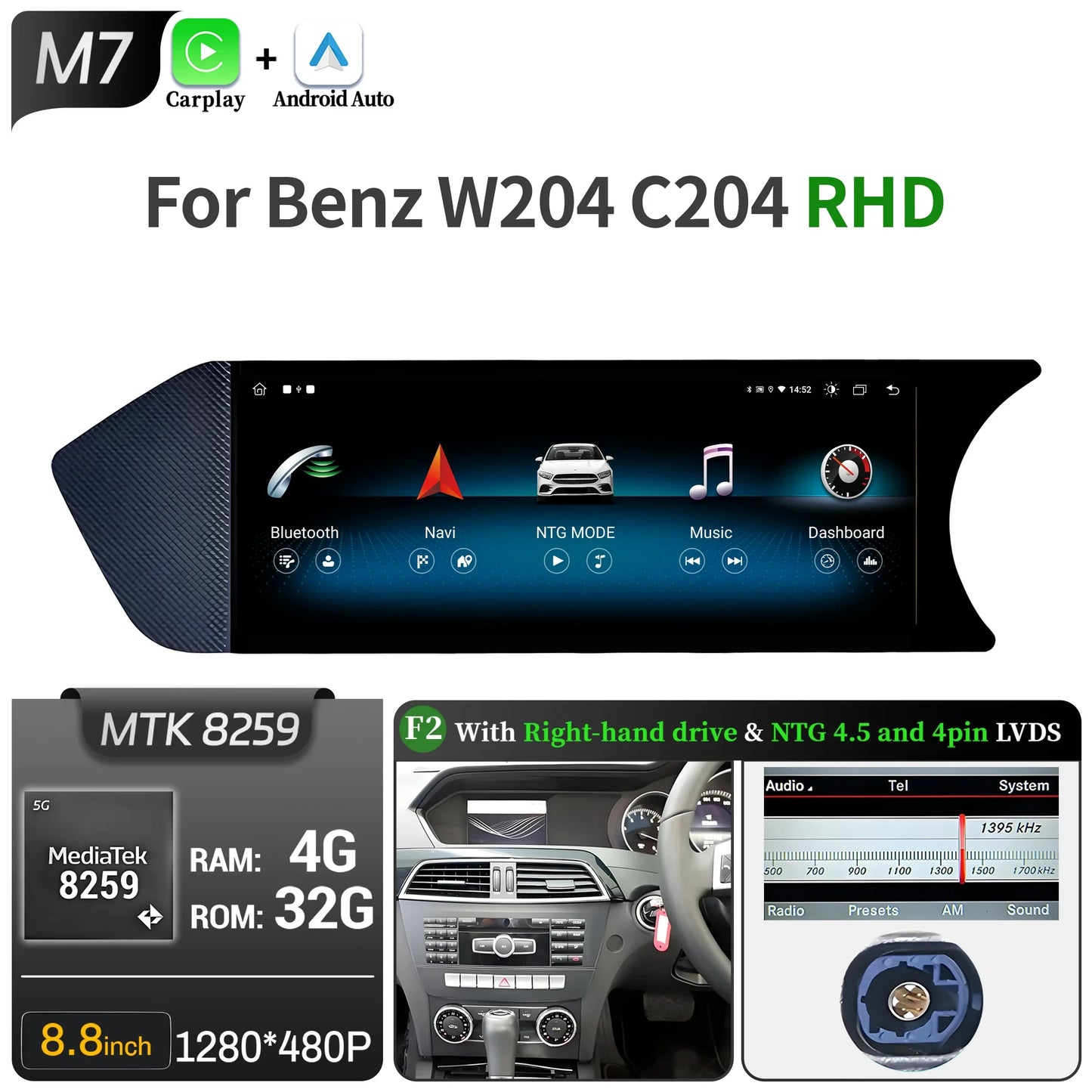 8.8 inch Android 14 For Mercedes Benz C Class W204 S204 2011-2015 Car Radio BT Carplay Qualcomm Snapdragon 680 Head Unit Screen