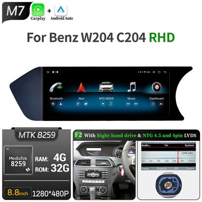8.8 inch Android 14 For Mercedes Benz C Class W204 S204 2011-2015 Car Radio BT Carplay Qualcomm Snapdragon 680 Head Unit Screen
