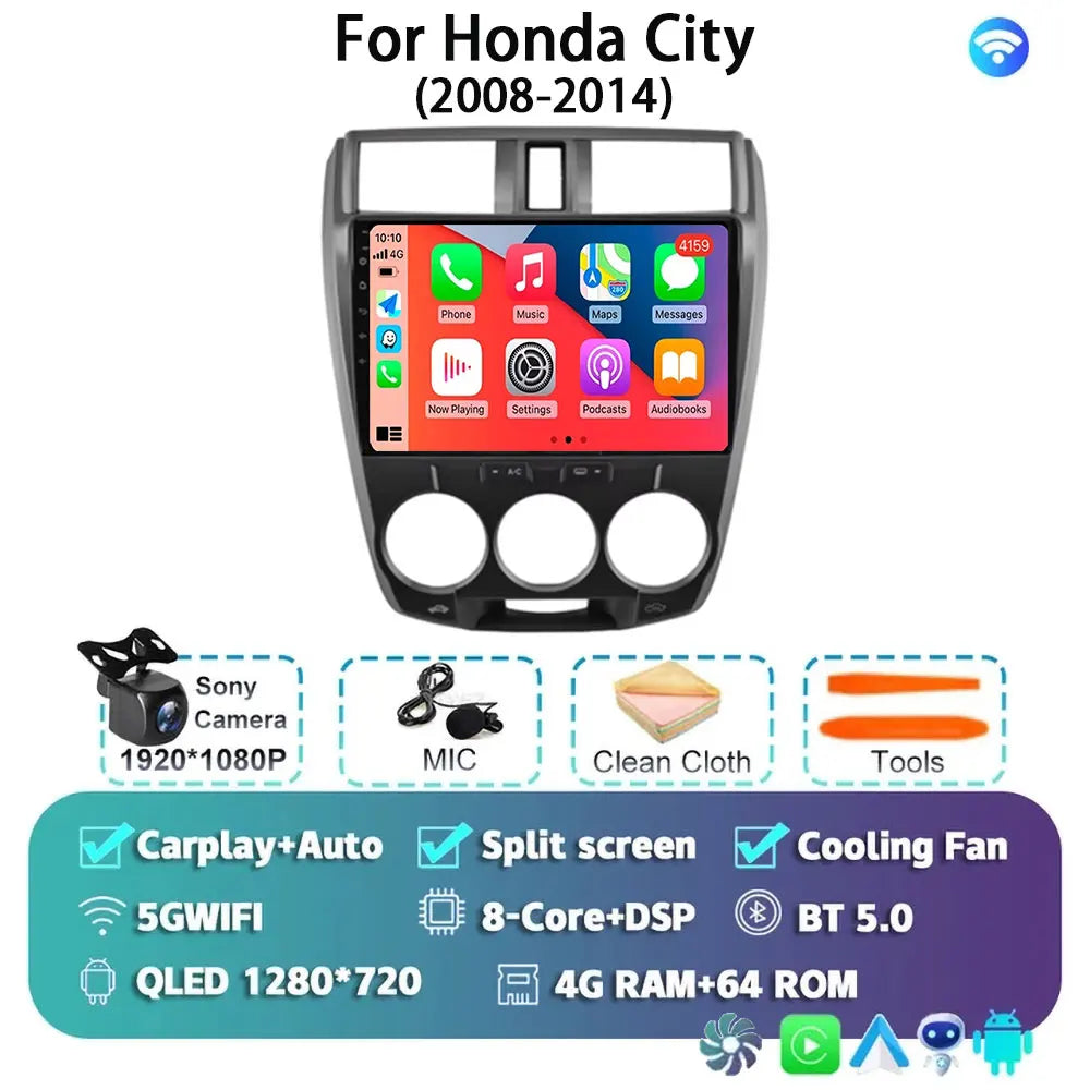 Android 14 Carplay Auto GPS For Honda City 2008 2009 2010 - 2014 Car Radio DSP Multimedia WIFI+4G Head Unit Video Stereo Player