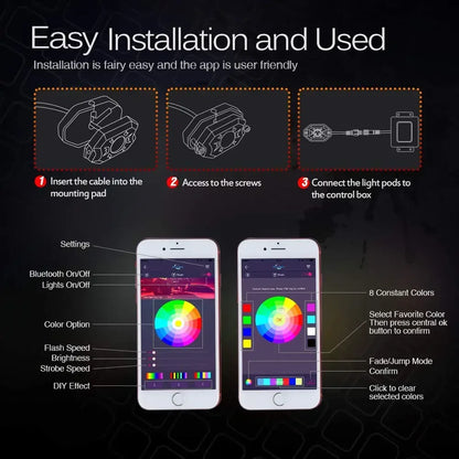 2nd-Gen RGB LED Rock Lights with Bluetooth Controller, Timing Function, Music Mode - 8 Pods Multicolor Neon LED Light Kit
