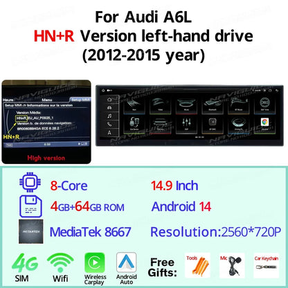 14.9" Android14 Car Radio For Audi A6L 2012-2018 Car Multimedia Player Wireless Carplay Android Auto Smart car system Navigation