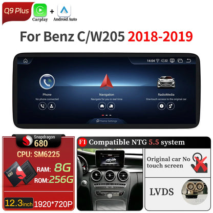 For Mercedes Benz C-Class W205 S205 2018-2020 12.3inch Car Radio Android 14 Wireless Carplay Snapdragon 680 SM6225 Touch Screen