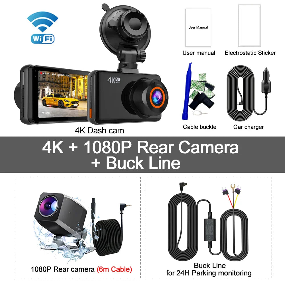 Soam 4K Dash Cam for Cars Front and Rear Camera Car Dvr WIFI Car Camera for Vehicle Video Recorder Rear View Camera Parking Mode