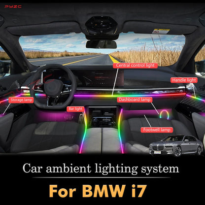 For BMW I7 RGB 64 Colors LED Car Interior Ambient Light Smart Remote Control Rainbow Acrylic Strip Kit