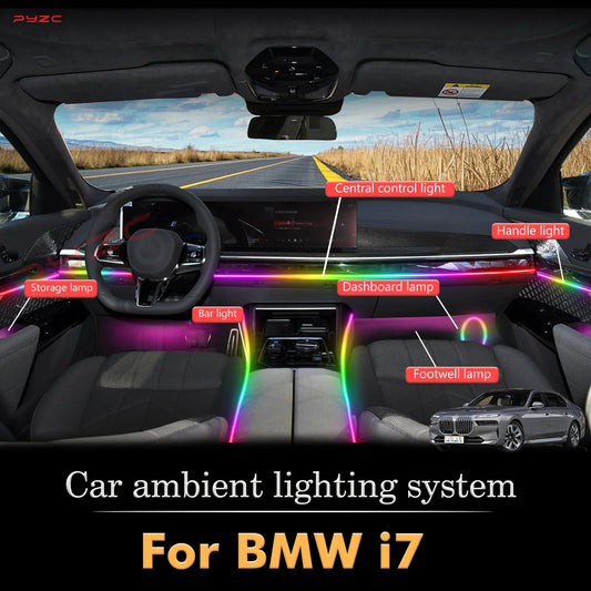 For BMW I7 RGB 64 Colors LED Car Interior Ambient Light Smart Remote Control Rainbow Acrylic Strip Kit