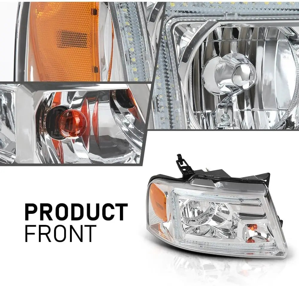 LED DRL Headlights Left& Right Halogen Compatible with Ford F150 2004-2008, Fit Lincoln Mark LT 2006-2008, Clear Lens Chrome Hou