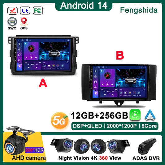 Android 14 Car For Mercedes Benz Smart Fortwo 451 2005 - 2015 Stereo Head Unit GPS Navigation Multimedia Autoradio Dash Cam DVD