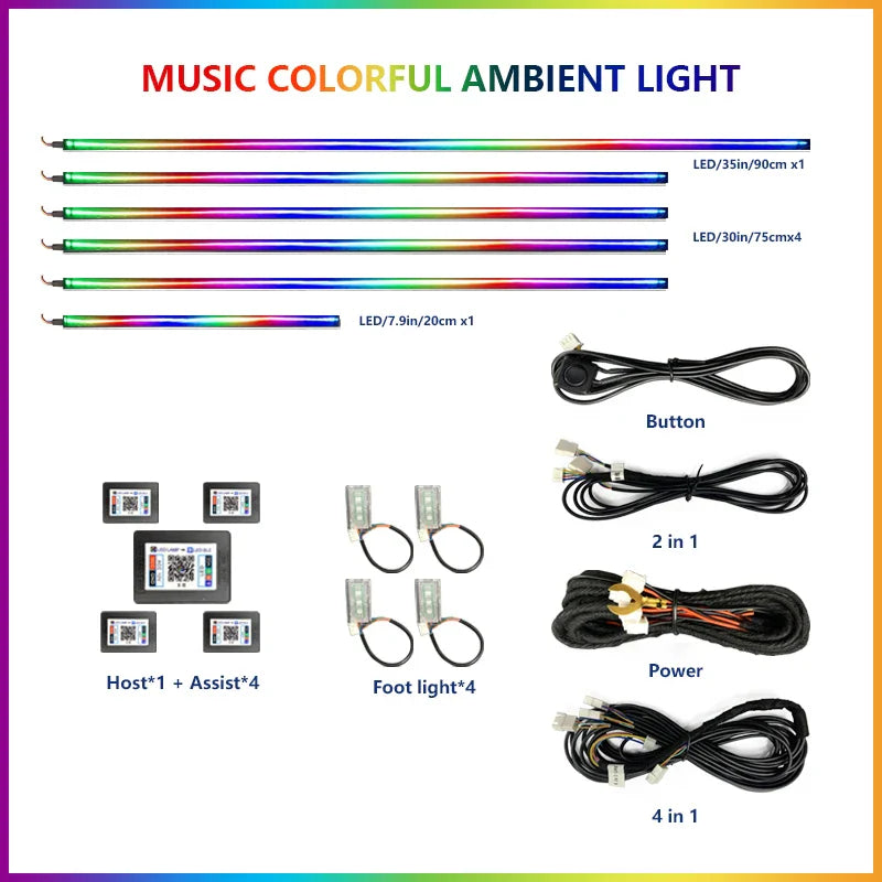 Upgraded Car Ambient Light LED Interior Lighting Kit RGB App Control Multi-Mode Decorative Car Light Ambient Lamp Footwell Light