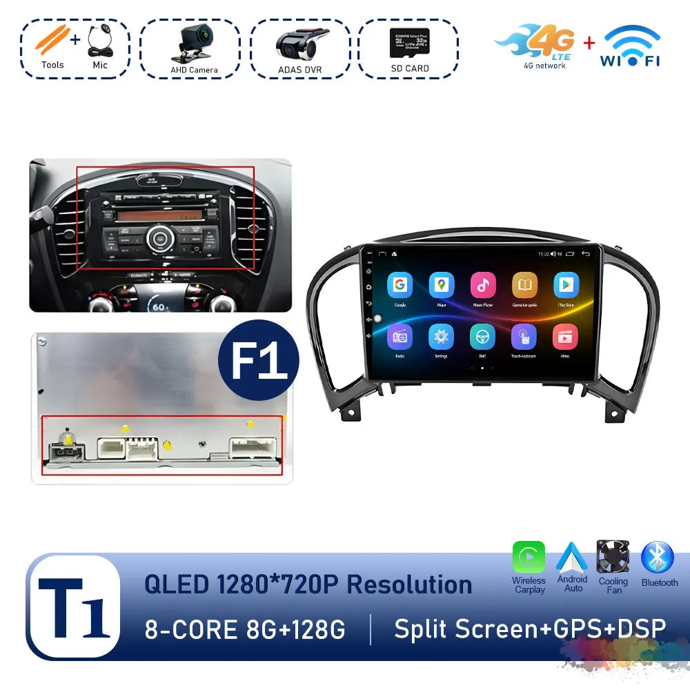 Carplay Android OS for Nissan Juke YF15 2010 - 2014 QLED Touch Screen 9 '' Car Radio Stereo Player GPS Navigation WiFi Head Unit