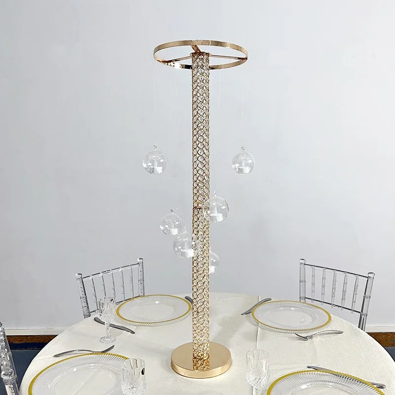 Metal Flower Stand Centerpiece with Hanging Ball Round Gold Wedding Table Centerpiece for Wedding Valentine's Day Decoration