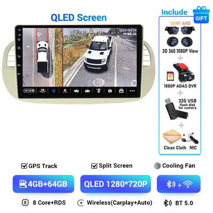 Android 15 8+256G For Fiat 500 Car Radio Stereo GPS Navigation Mirror Connection Split Screen Multimedia Carplay Auto Player DSP