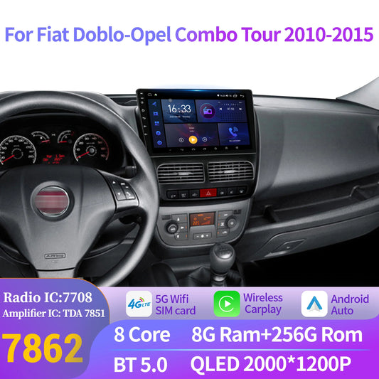 Car Radio For Fiat Doblo-Opel Combo Tour 2010-2015 Android 14 Wireless Carplay Multimedia 7862S 8G 256G Head Unit 2K QLED Screen