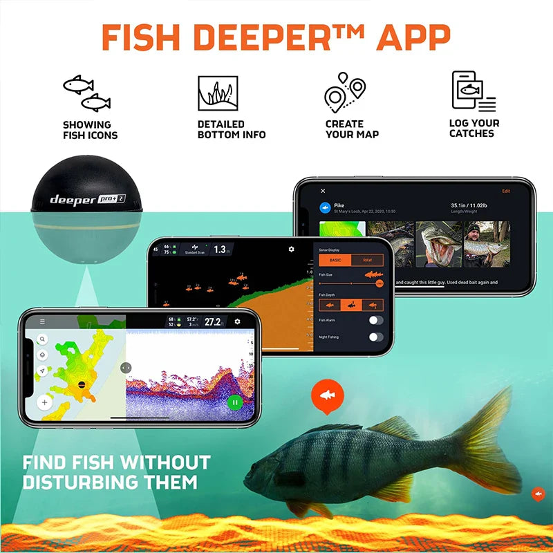 Deeper PRO  Plus 2.0 Castable and Portable WiFi Fish Finder Depth Finder for Kayaks Boats on Shore Ice Fishing / Smart Sonar