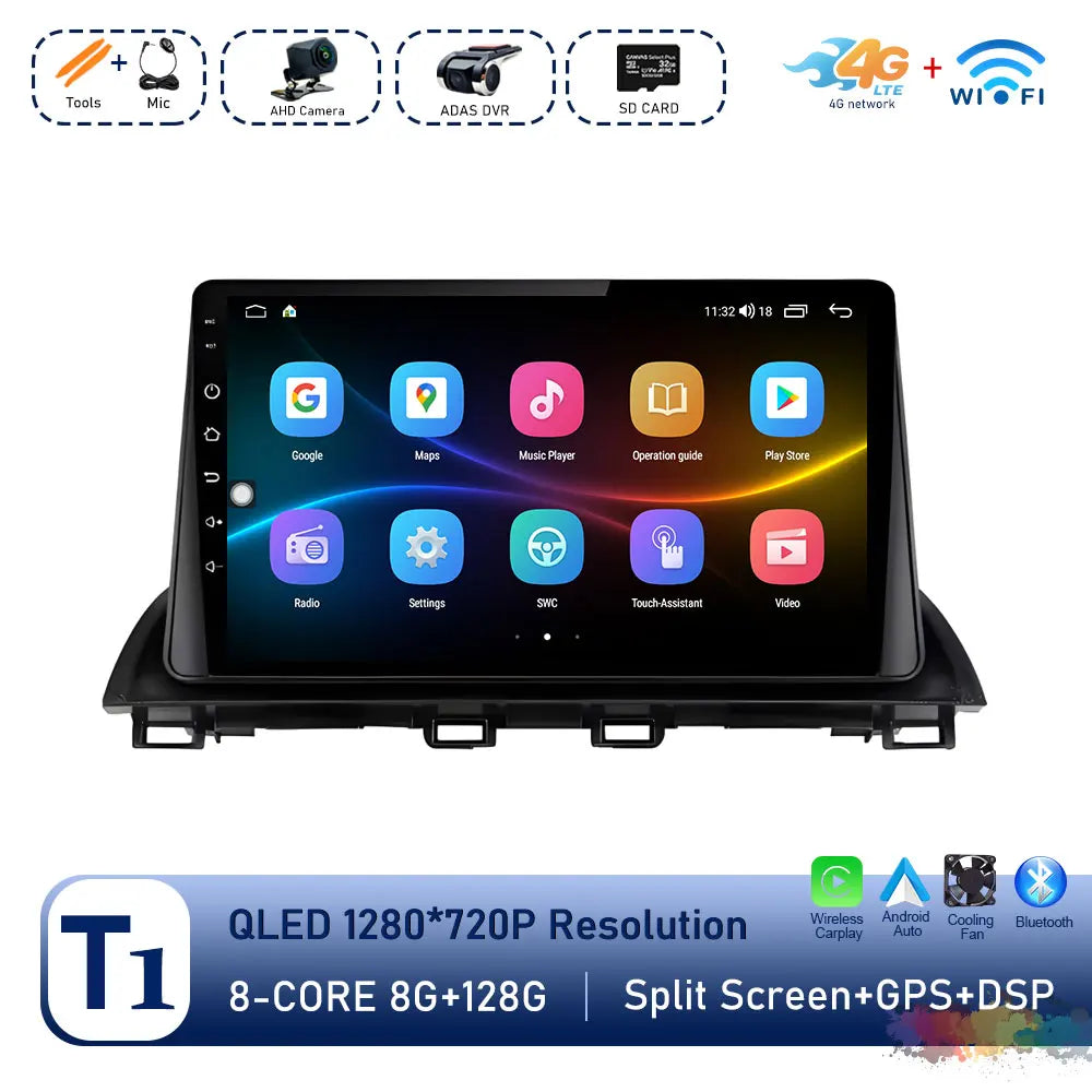 Car Radio Stereo Player for Mazda 3 Axela 2013 - 2018 Android Auto Wireless Carplay WiFi BT GPS Navigation QLED Screen Head Unit