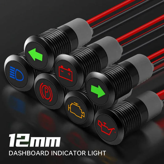 12mm Dashboard Indicator Light 12V Car Turn Signal Trouble Lamp High Beam Metal Waterproof Dash Warning Light with 300mm Wire
