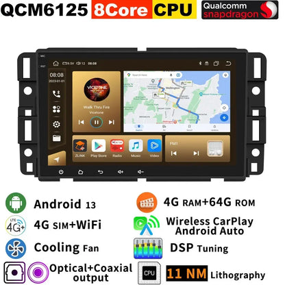 Android 13 Qualcomm 665 8G+256G Car GPS Radio For GMC Sierra Yukon Chevrolet Avalanche Silverado Buick Enclave CarPlay Audio DSP