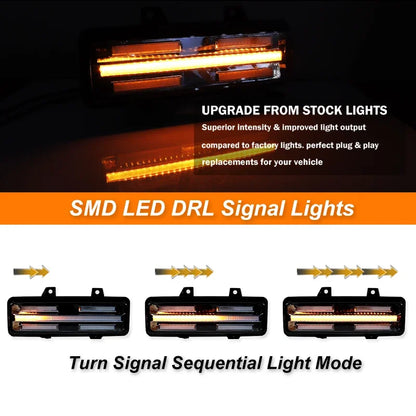 iJDM For Chevy GMC Van Jimmy Pickup Truck Front Bumper Sequential Amber Turn Signals Lights Assembly White LED as DRL