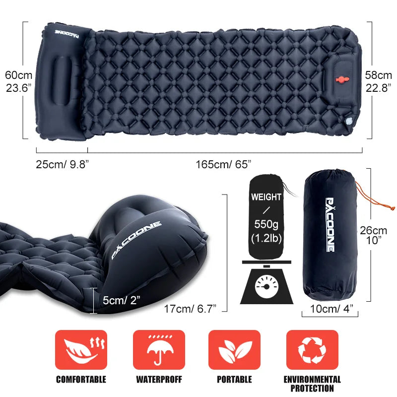 PACOONE Ultralight Outdoor Camping Sleeping Pad  Air Mat Inflatable Mattress with Pillows  Built-in Inflator Pump Travel Hiking