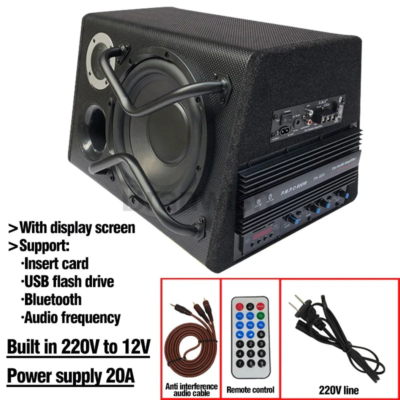 200W 10 Inch Bluetooth Trapezoidal Subwoofer Car Audio Power Active Subwoofer Speaker Car Woofer 12/220V with Remote Control