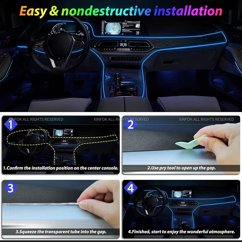 14 in 1 Dual Zone Symphony LED Car Ambient Lights RGB 64 Colors Interior Rainbow Acrylic Strip Neon Atmosphere Lighting Kit App