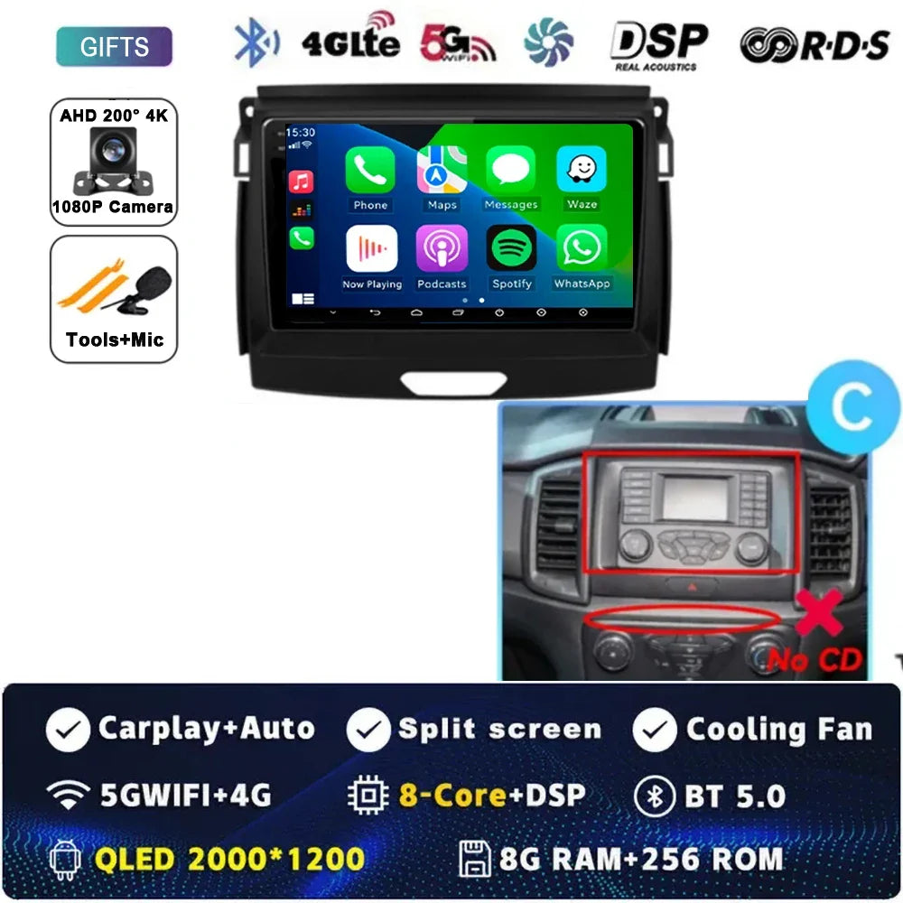 Android 15 Car Radio Stereo QLED Screen For Ford Ranger 2015 2016 2017 2018 2019-2022 GPS Multimedia Carplay Autoradio Head unit