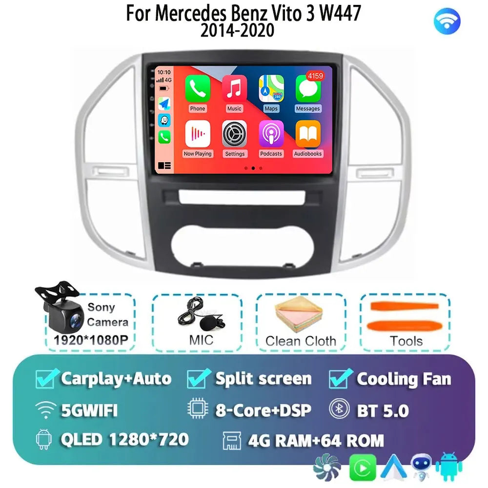 Android 14 For Mercedes Benz Vito 3 W447 2014-2020 2K QLED Android Car Radio Multimedia Video Player 4G Stereo CarPlay Head Unit