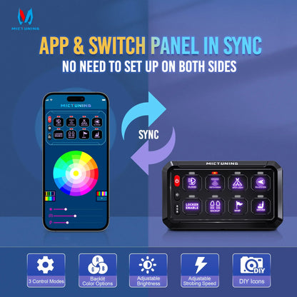 MICTUNING RGB 8 Gang Switch Panel with App Control On/Off Switch Panel Led Light Background Relay System Box For Car ATV/UTV