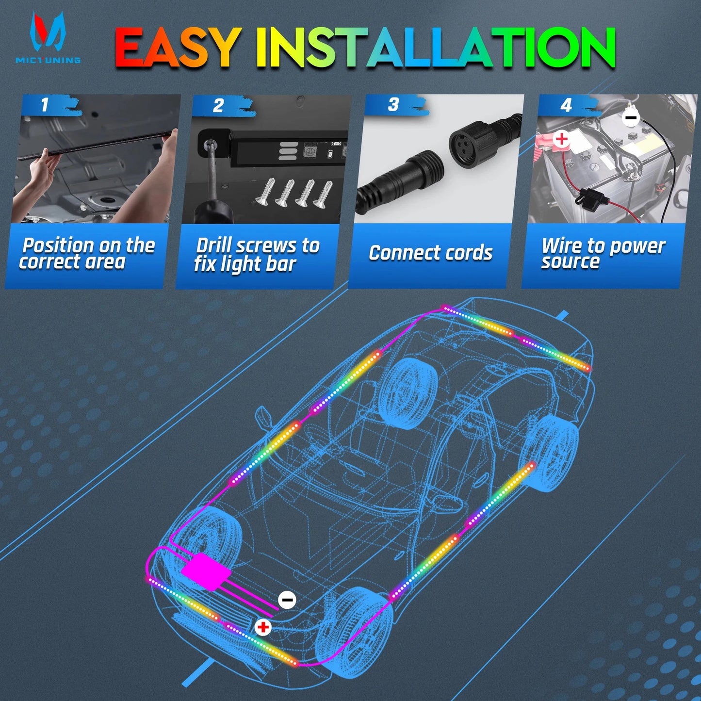 MICTUNING RGB+IC LED N8 Car Underglow Light Bar Kit Waterproof Wireless App & Remote Control For Cars Mercedes-Benz Rolls Royce