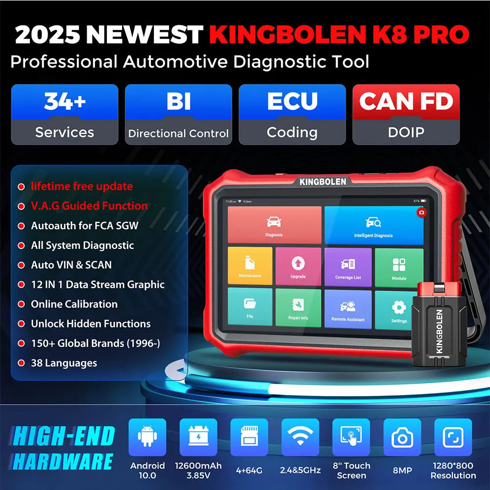 2025 New KINGBOLEN K8 PRO 8 inch Lifetime Free Car Diagnostic Tools All System 34 Reset ECU Coding Bi-directional CAN FD DOIP