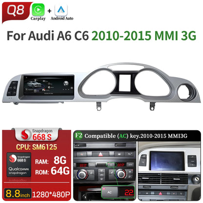 8.8 inch Right Hand Drive Android 14 For Audi A6 C6 2005-2011 Car Radio Wireless BT Carplay Qualcomm Snapdragon 680 Touch Screen