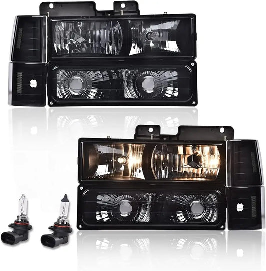 Headlights Assembly, Compatible with 1994 1995 1996 1997 1998 1999 GMC C1500 K1500 Yukon bumper Headlamp, Smoky lens Black Housi