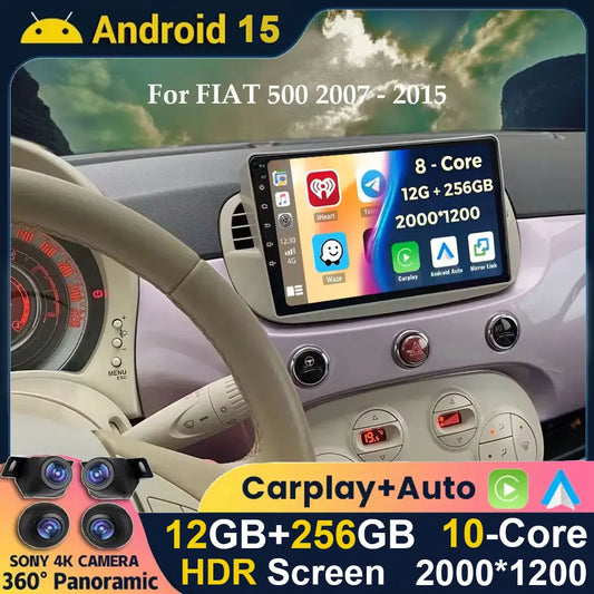 Android 15 8+256G For Fiat 500 Car Radio Stereo GPS Navigation Mirror Connection Split Screen Multimedia Carplay Auto Player DSP
