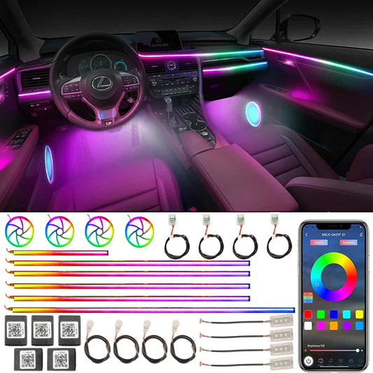 Car Symphony Ambient LED Lamp Strips Remote App Control Auto Interior Accessories 64 RGB Rainbow Atmosphere Acrylic Lights 22in1