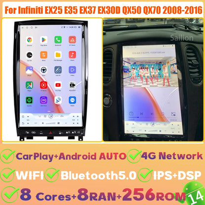 14.5" Android 14 For Infiniti EX25 E35 EX37 EX30D QX50 QX70 2008-2016 Car Radio Carplay 2.5K Screen Tesla Style Stereo 4G Player