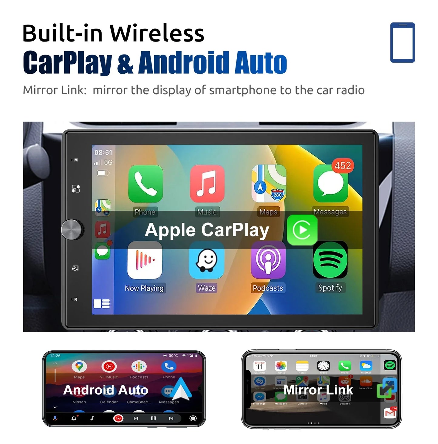 ESSGOO 10 Inch Rotatable 90° IPS Touchscreen Single 1 DIN Car Stereo Wireless Apple Carplay Android Auto USB AUX TF FM Bluetooth