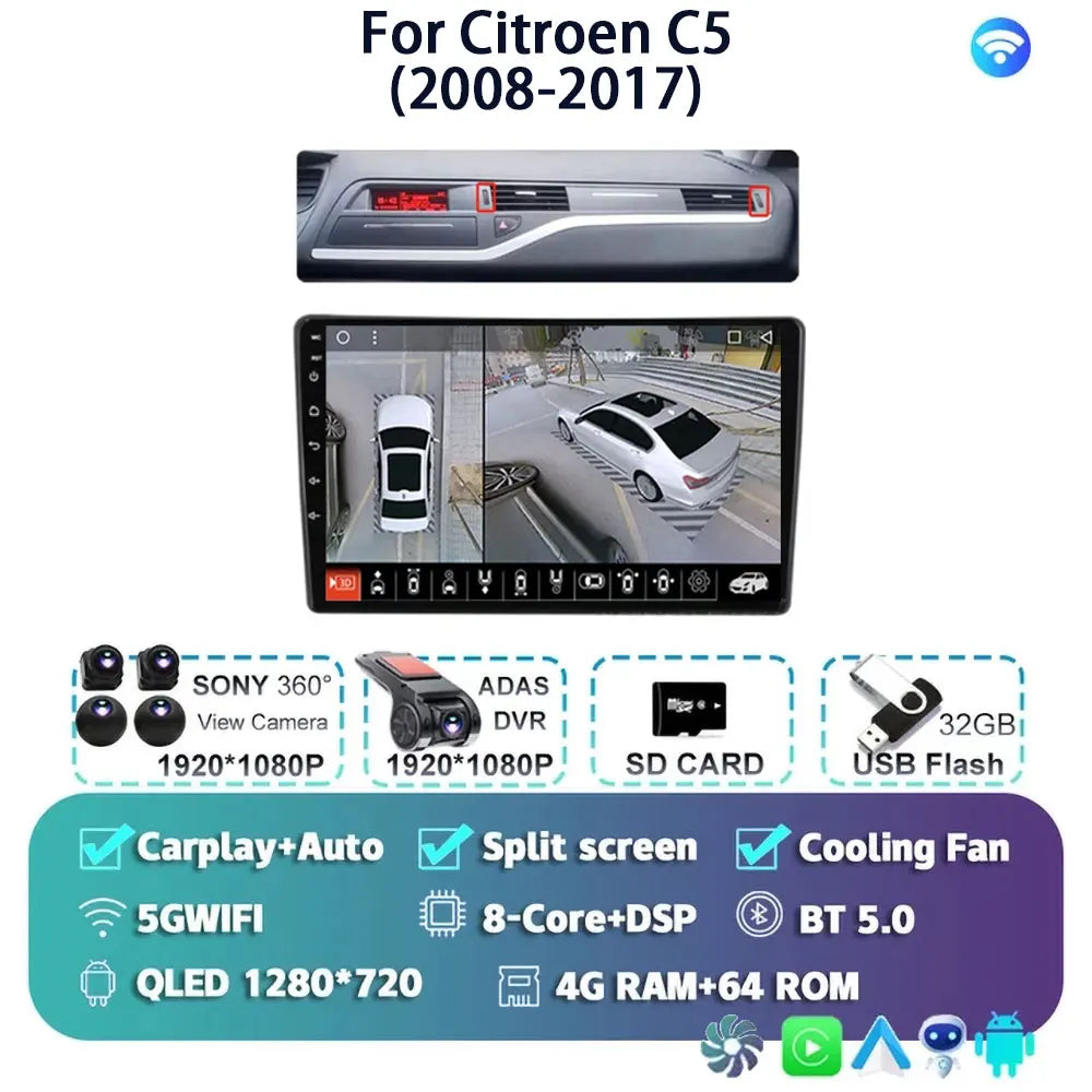 Android 14 Carplay Auto Car Radio Multimedia Player For Citroen C5 2008 2009 2010-2017 Autoradio Stereo DSP GPS 2din Head Unit